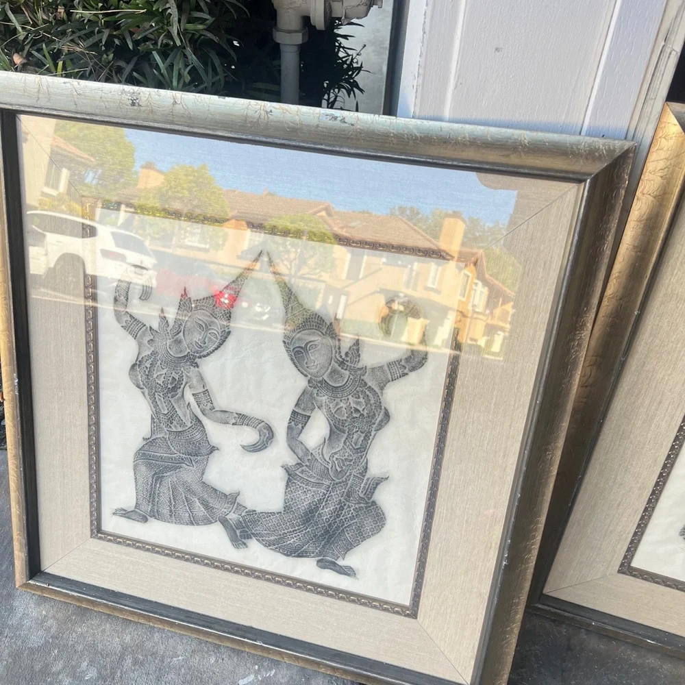 Mid Century Blue Thai Temple Rubbing Rice Paper Art Buddha 22x25 FRAME‎ 2 Set